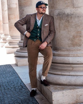 Olive Sweater Vest Outfits For Men: Pairing an olive sweater vest with brown corduroy dress pants is a good pick for a dapper and sophisticated getup. A pair of dark brown suede loafers immediately revs up the appeal of this look.