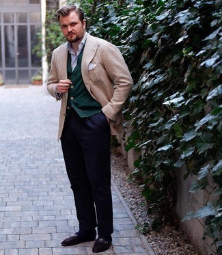 Dark Green Sweater Vest Outfits For Men: A dark green sweater vest and navy dress pants are absolute mainstays if you're figuring out a sophisticated closet that matches up to the highest sartorial standards. A pair of dark brown suede loafers easily turns up the style factor of your ensemble.