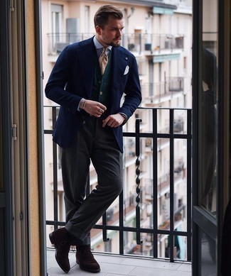 Dark Green Sweater Vest Outfits For Men: Combining a dark green sweater vest with charcoal wool dress pants is a wonderful pick for a sharp and elegant ensemble. For something more on the daring side to round off this outfit, complement your ensemble with dark brown suede casual boots.