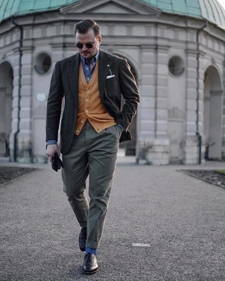 Brown Sweater Vest Outfits For Men: This look demonstrates it pays to invest in such timeless menswear items as a brown sweater vest and olive dress pants. For a more relaxed spin, introduce black leather brogues to the equation.