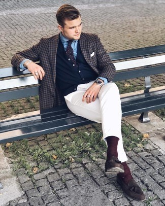 Dark Brown Gingham Blazer Outfits For Men: A dark brown gingham blazer and white chinos are an easy way to introduce extra sophistication into your daily fashion mix. A trendy pair of dark brown suede tassel loafers is an easy way to inject an extra dose of class into this look.