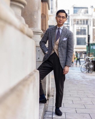 Light Violet Tie Outfits For Men: You'll be surprised at how very easy it is to get dressed this way. Just a grey plaid blazer and a light violet tie. Black suede loafers are a savvy pick to finish this outfit.