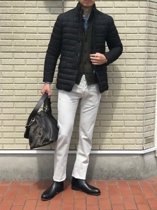 Dark Green Sweater Vest Outfits For Men: You'll be amazed at how very easy it is for any gentleman to put together this effortlessly smart ensemble. Just a dark green sweater vest and white jeans. Go ahead and introduce black leather chelsea boots to the mix for an extra dose of style.