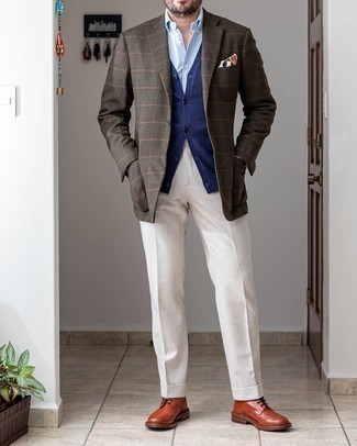Tobacco Check Blazer Outfits For Men: Channel your inner expert in men's fashion and rock a tobacco check blazer with white dress pants. A pair of tobacco leather brogue boots adds a new flavor to your getup.