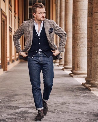 Dark Brown Suede Derby Shoes Outfits: A tan plaid blazer and navy jeans are an easy way to infuse some cool into your day-to-day styling rotation. Introduce dark brown suede derby shoes to the mix to change things up a bit.