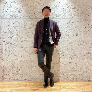 Dark Purple Blazer Outfits For Men: Try pairing a dark purple blazer with black leather chinos if you're aiming for a proper, stylish outfit. Rounding off with black leather chelsea boots is a fail-safe way to infuse an air of polish into your getup.