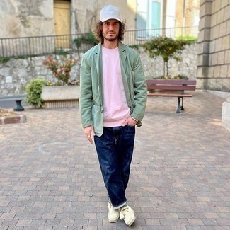 White Baseball Cap Outfits For Men: This getup with a mint blazer and a white baseball cap isn't so hard to pull together and is easy to adapt according to circumstances. Avoid looking too casual by rounding off with a pair of beige suede desert boots.