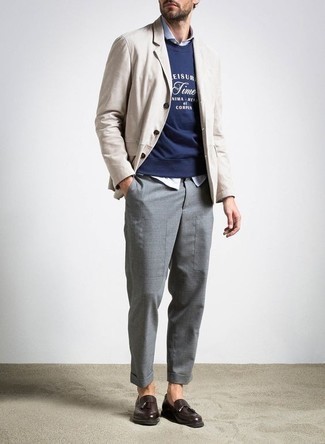 Men's Beige Blazer, Navy and White Print Sweatshirt, Light Blue Long Sleeve Shirt, Grey Chinos