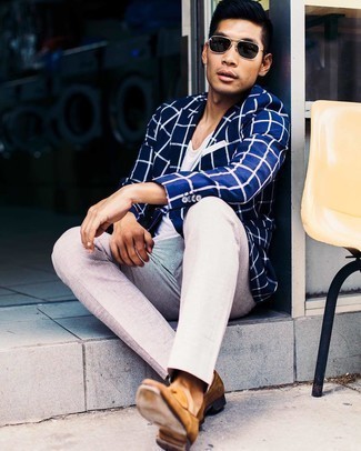 Navy and White Check Blazer Outfits For Men: Wear a navy and white check blazer and beige horizontal striped chinos for standout menswear style. Dial up this whole look by rounding off with a pair of tobacco suede loafers.