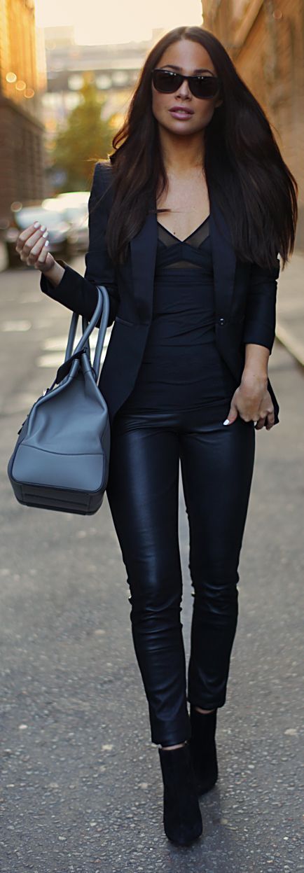 Women's Black Double Breasted Blazer, Black Leather Leggings
