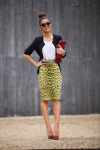 Women's Black Blazer, White Tank, Yellow Leopard Pencil Skirt, Tan Leather Pumps