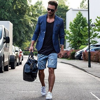 Navy Denim Shorts Outfits For Men: For an outfit that's street-style-worthy and casually classic, go for a blue blazer and navy denim shorts. Not sure how to finish? Add a pair of white low top sneakers to switch things up.
