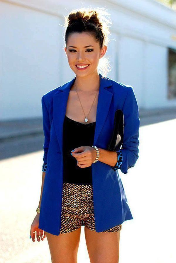 Women's Blue Blazer, Black Tank, Gold Sequin Shorts, Black Leather Clutch |  Lookastic