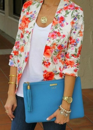 Yellow Bracelet Outfits: For a casual and cool ensemble, pair a beige floral blazer with a yellow bracelet — these two items play really well together.
