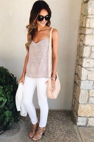 Beige T-shirt Outfits For Women: If you're looking for a casual yet totaly chic outfit, try teaming a beige t-shirt with white skinny jeans. Go the extra mile and switch up your getup by wearing a pair of beige suede heeled sandals.