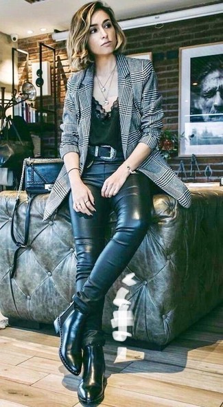 Black Suede Belt Outfits For Women: For something on the relaxed end, try this pairing of a grey plaid blazer and a black suede belt. In the footwear department, go for something on the smarter end of the spectrum and round off this look with black leather chelsea boots.