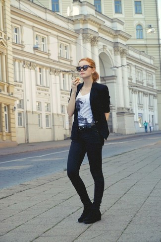Women's Black Blazer, White and Black Print Tank, Black Skinny Jeans, Black Suede Wedge Ankle Boots