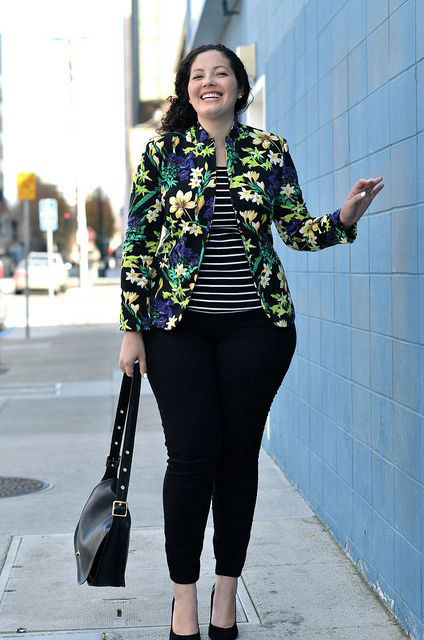 Women s Black Floral Blazer Black and White Horizontal Striped