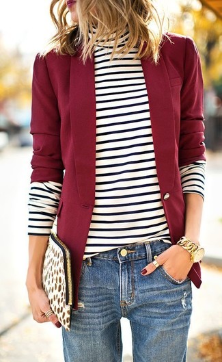 Women's Red Blazer, White and Black Horizontal Striped Turtleneck, Blue Boyfriend Jeans, White Leopard Suede Clutch