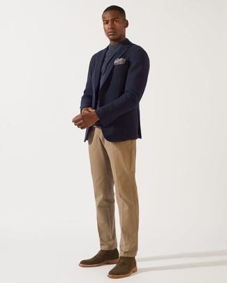 Dark Brown Suede Desert Boots Smart Casual Outfits: You'll be amazed at how extremely easy it is for any gent to get dressed like this. Just a navy wool blazer and khaki chinos. Introduce dark brown suede desert boots to the equation et voila, the look is complete.