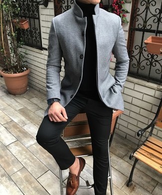 Men's Grey Wool Blazer, Black Turtleneck, Black Chinos, Brown Leather Tassel Loafers