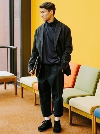 Black Suede Desert Boots Outfits: As you can see, looking seriously stylish doesn't take that much time. Team a charcoal wool blazer with black chinos and you'll look incredibly stylish. Add black suede desert boots to the mix and ta-da: this getup is complete.