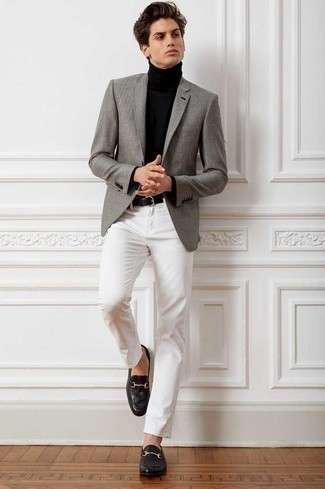 Grey Blazer Spring Outfits For Men: So as you can see, looking sharp doesn't take that much time. Consider wearing a grey blazer and white chinos and you'll look amazing. A pair of black leather loafers easily ramps up the classy factor of any outfit. As you can guess, this is a knockout option when spring arrives.