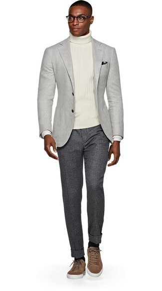 Men's Grey Blazer, White Wool Turtleneck, Charcoal Check Chinos, Brown Suede Low Top Sneakers