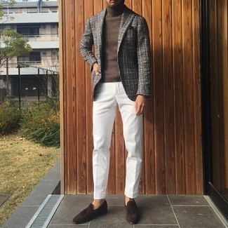 Dark Brown Turtleneck Outfits For Men: A dark brown turtleneck and white chinos combined together are the ideal ensemble for those who prefer laid-back styles. Complement your look with dark brown suede tassel loafers for an added touch of style.