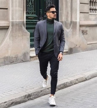 Teal Turtleneck Outfits For Men: If you're planning for a sartorial situation where comfort is prized, dress in a teal turtleneck and navy chinos. Add a pair of white canvas low top sneakers to the mix to keep the outfit fresh.