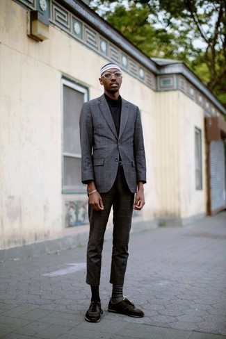 Grey Check Blazer Outfits For Men: A grey check blazer and charcoal check chinos are the perfect base for a multitude of dapper getups. Throw dark brown athletic shoes into the mix to immediately turn up the appeal of this look.