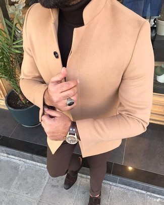 Beige Wool Blazer Outfits For Men: Take your fashion game to a new level by wearing this pairing of a beige wool blazer and brown chinos. To introduce a little flair to this look, complement your outfit with a pair of dark brown suede double monks.
