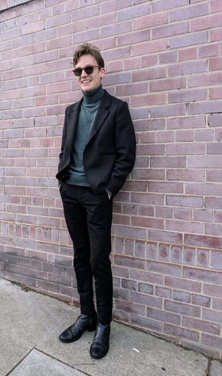 Dark Green Wool Turtleneck Outfits For Men: A dark green wool turtleneck and black chinos are must-have menswear essentials if you're piecing together a casual closet that holds to the highest style standards. If you need to instantly polish off this getup with a pair of shoes, opt for black leather chelsea boots.