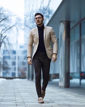 Navy Turtleneck Outfits For Men: When comfort is top priority, try teaming a navy turtleneck with dark brown chinos. Give a more elegant twist to your look by slipping into beige suede double monks.