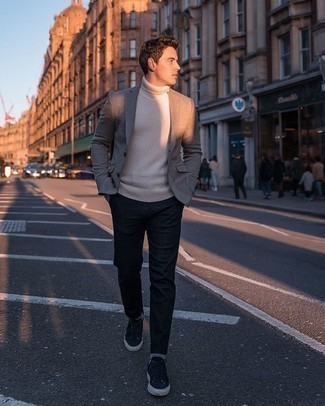 Grey Wool Blazer Outfits For Men: Pairing a grey wool blazer with navy chinos is an awesome option for an effortlessly stylish menswear style. For times when this look appears all-too-polished, dress it down by rounding off with navy canvas low top sneakers.