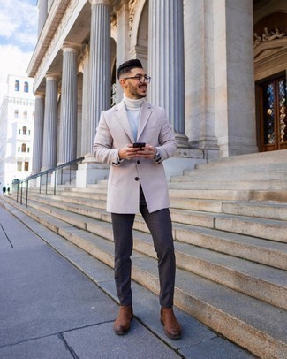 Brown Check Chinos Outfits: For a casually neat look, choose a beige blazer and brown check chinos — these pieces work beautifully together. And if you need to effortlessly lift up this outfit with one item, why not complete this ensemble with a pair of brown leather chelsea boots?