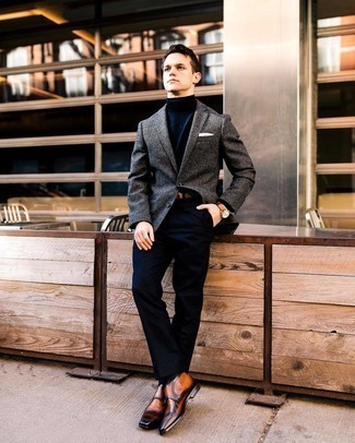 Men's Charcoal Wool Blazer, Navy Turtleneck, Navy Chinos, Tobacco Leather Double Monks