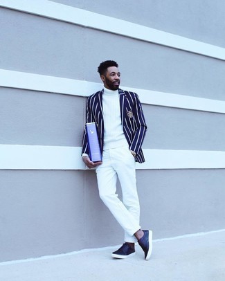 White Knit Turtleneck Outfits For Men: This off-duty combination of a white knit turtleneck and white chinos is perfect when you want to feel confident in your outfit. Complement this getup with a pair of navy leather brogues for an extra dose of style.