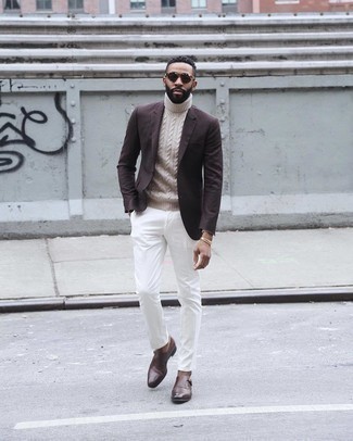 Tan Knit Turtleneck Outfits For Men: Who said you can't make a style statement with a laid-back ensemble? Make women swoon in a tan knit turtleneck and white chinos. Tone down the casualness of this getup by sporting a pair of dark brown leather monks.
