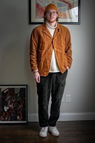Orange Beanie Outfits For Men: If you're looking for an urban yet on-trend outfit, consider wearing a tobacco corduroy blazer and an orange beanie. Add white canvas low top sneakers to the mix for an added dose of style.
