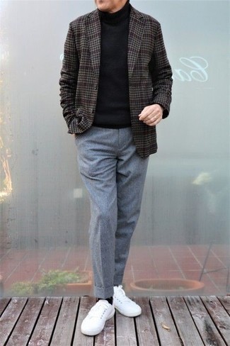 Grey Wool Chinos Outfits: This combo of a dark brown houndstooth wool blazer and grey wool chinos is a safe bet when you need to look effortlessly smart in a flash. White canvas low top sneakers will give a mellow touch to this getup.