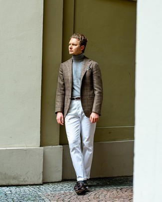 Dark Brown Leather Tassel Loafers Outfits: This look with a brown check wool blazer and white chinos isn't so hard to pull off and easy to change throughout the day. Wondering how to round off this look? Finish with dark brown leather tassel loafers to dial it up.