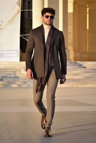 Dark Brown Scarf Outfits For Men: This street style pairing of a dark brown blazer and a dark brown scarf is super easy to throw together in no time flat, helping you look amazing and ready for anything without spending too much time rummaging through your wardrobe. For maximum fashion points, make brown leather chelsea boots your footwear choice.