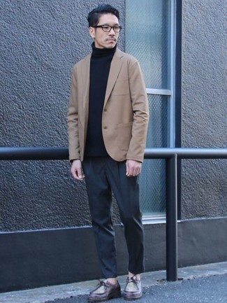 Charcoal Chinos Outfits: Pair a tan blazer with charcoal chinos for a dapper ensemble. If not sure about what to wear on the footwear front, complete your ensemble with a pair of burgundy leather desert boots.