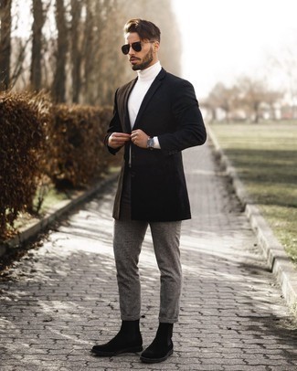 Black Blazer Outfits For Men: This pairing of a black blazer and grey wool chinos is the perfect base for a casually sophisticated getup. Go ahead and round off with black suede chelsea boots for an extra touch of style.