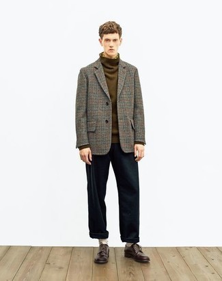 Charcoal Check Wool Blazer Outfits For Men: A charcoal check wool blazer and black chinos worn together are a match made in heaven. Balance out this ensemble with a more elegant kind of footwear, like these dark brown leather derby shoes.