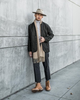 Beige Hat Outfits For Men: For a relaxed getup with an edgy finish, pair a charcoal wool blazer with a beige hat. Jazz up this outfit by sporting a pair of brown leather casual boots.