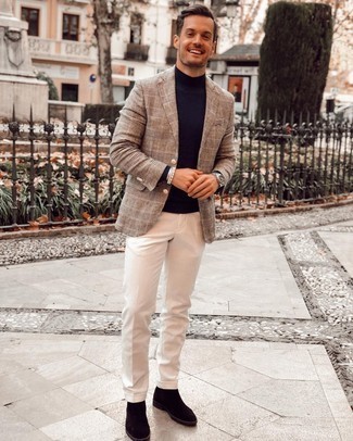 Silver Beaded Bracelet Outfits For Men: Wear a brown plaid blazer and a silver beaded bracelet to be both bold casual and dapper. Rounding off with a pair of dark brown suede chelsea boots is an easy way to give a sense of polish to your ensemble.
