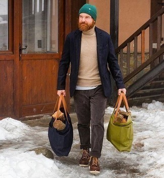 Olive Beanie Outfits For Men: Consider pairing a navy blazer with an olive beanie to put together an extra stylish and urban ensemble. Put a classier spin on this outfit with a pair of brown leather casual boots.