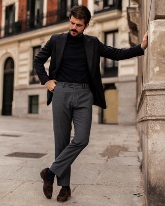 Tobacco Suede Tassel Loafers Outfits: A black blazer and charcoal dress pants are essential in a versatile man's closet. Introduce tobacco suede tassel loafers to the mix and you're all set looking spectacular.
